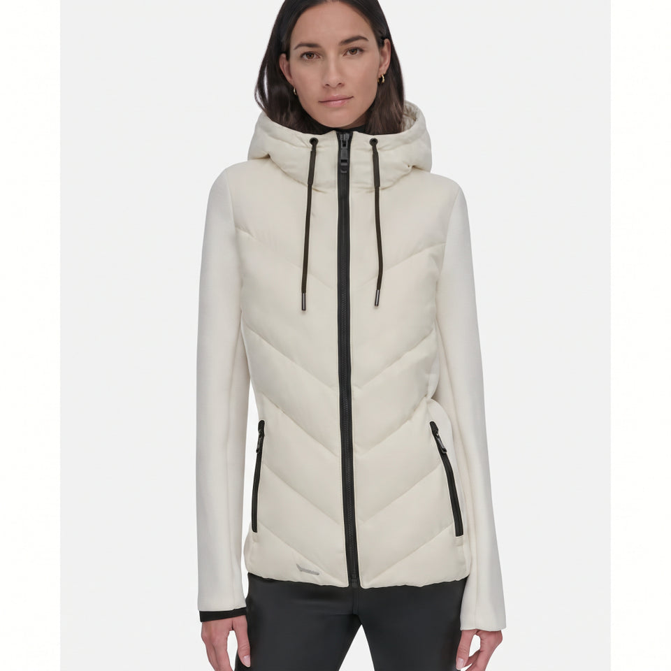 DKNY Women's Off-White Lightweight Quilted Full-Zip Hooded Jacket