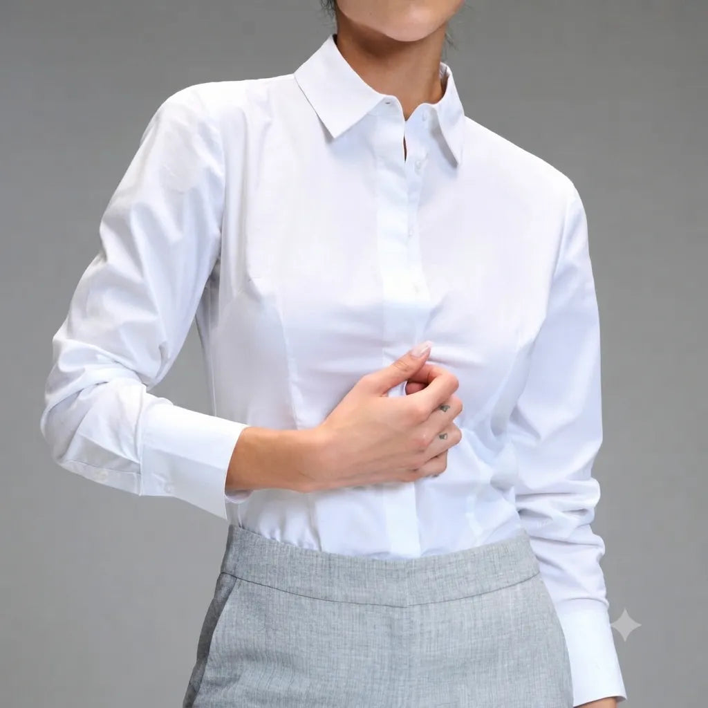 A woman wearing a crisp white long-sleeve button-down shirt tucked into a light gray skirt, shown from the chin down against a solid gray studio background.
