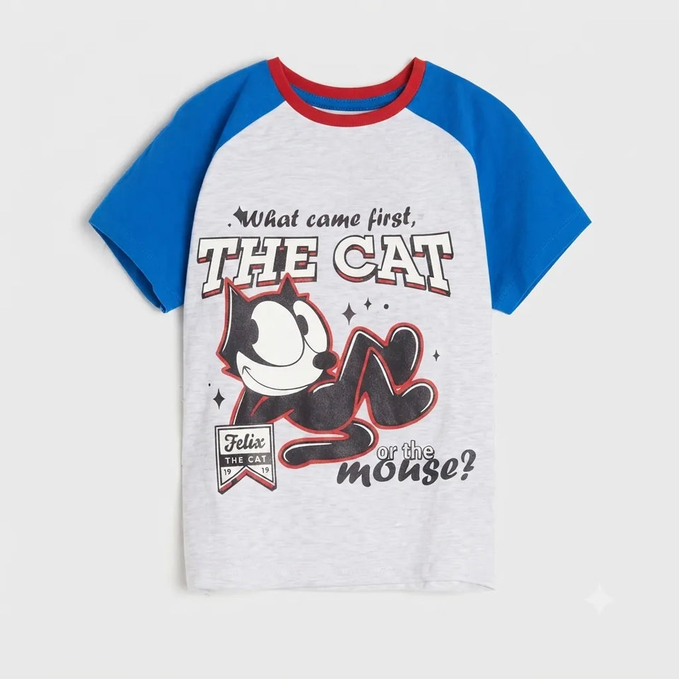 A kids' raglan t-shirt featuring a heather gray body, blue sleeves, and a red collar trim. The front is printed with a graphic of Felix the Cat and the text 'What came first, THE CAT or the mouse?'.