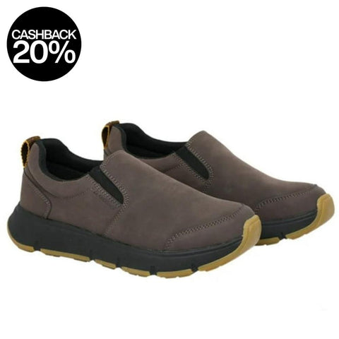 Pair of brown slip-on shoes with black soles on a white background