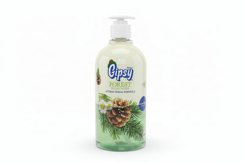 Gipsy Forest hand wash bottle on a surface with a blurred background