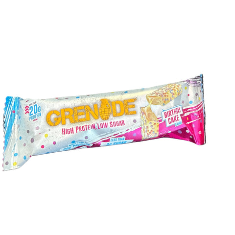 Grenade high protein low sugar birthday cake flavor bar packaging on a white background