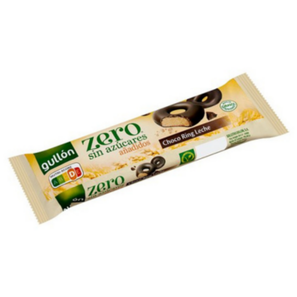 Packaging of Gullon Choco Ring Leche Zero Sugar 128g showing the product and its name with a picture of the chocolate ring biscuit.