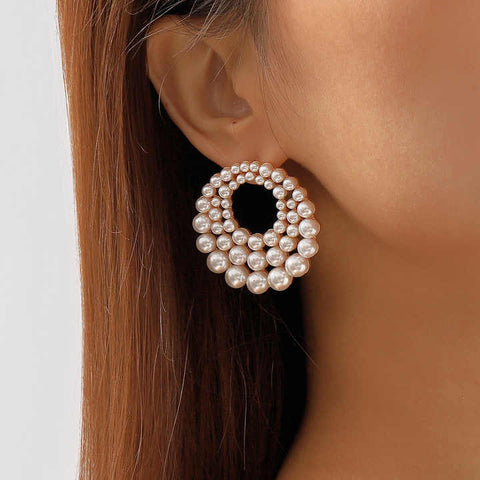 SD Women's Gold Pearl Circle Round Large Stud Earrings |SD In Lebanon