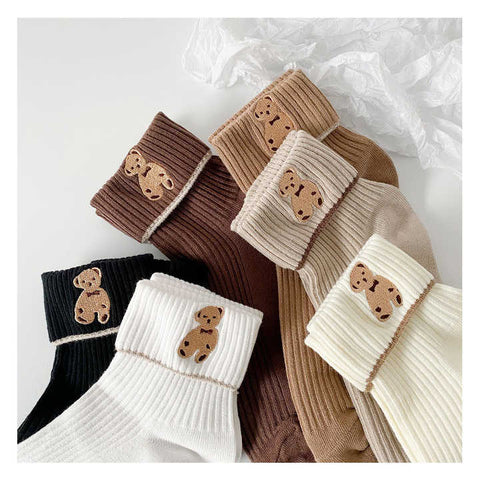 SD Girl's Embroidered Bear Turn Cuff 6 Socks  CF14(Cr75)