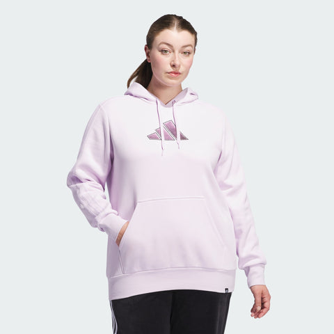 Person wearing a light purple hoodie with a logo on a light gray background