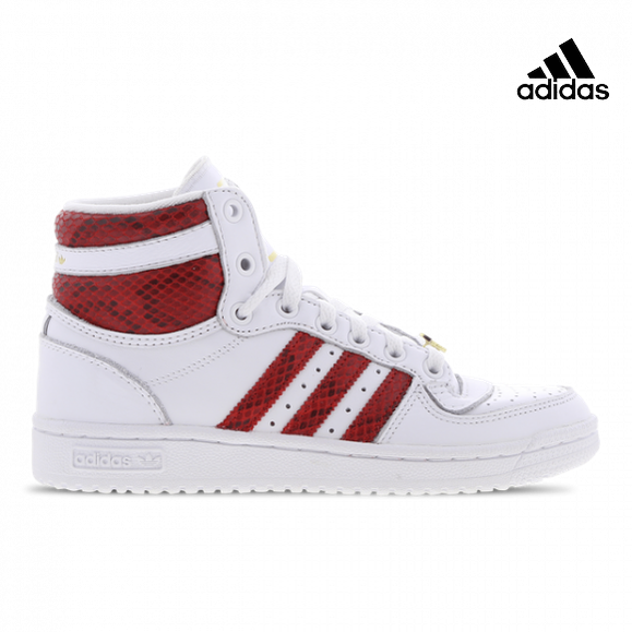 Adidas Women's White Top Ten RB W Sneakers with red stripes and a snake skin pattern on the upper.