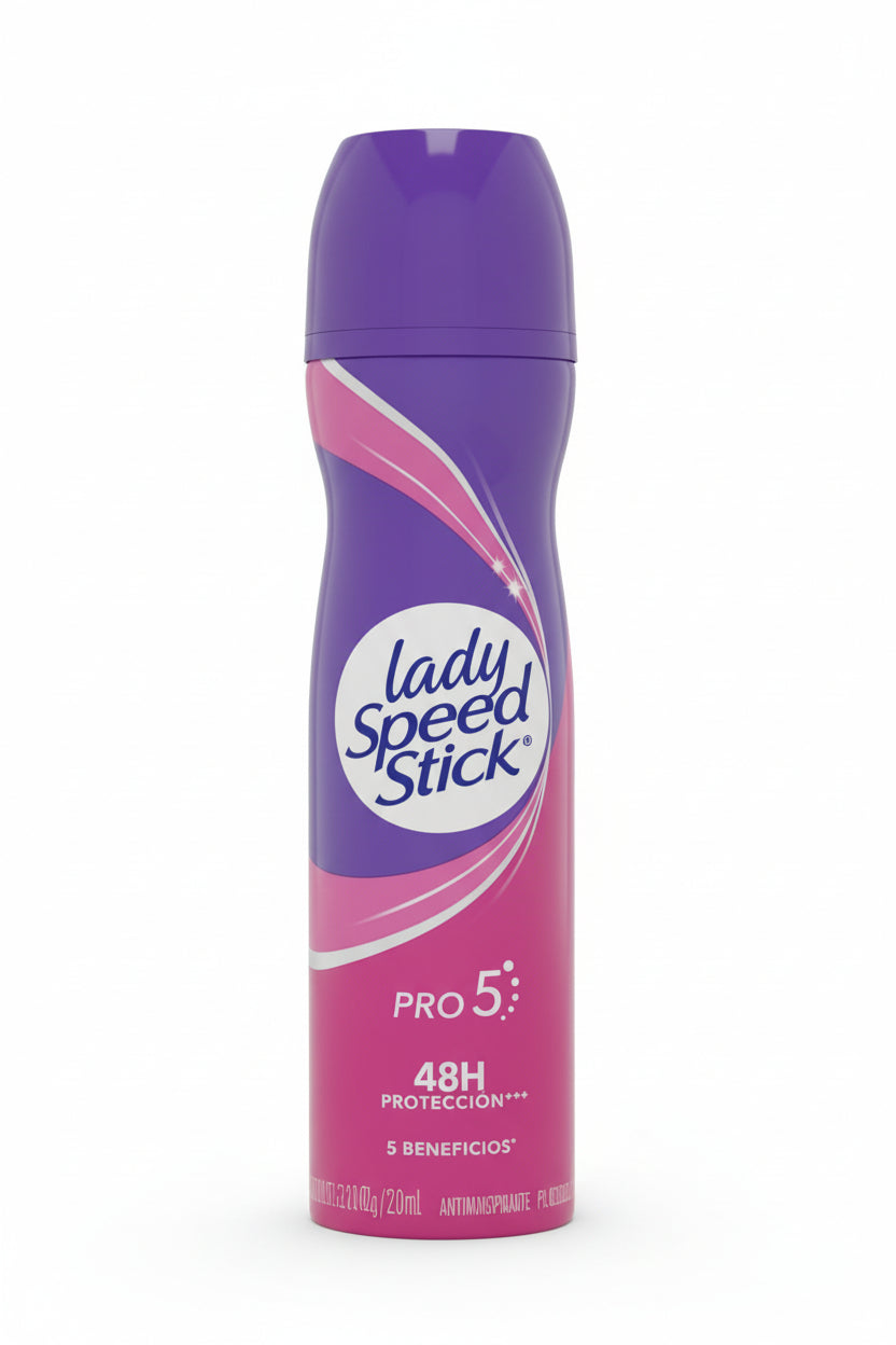 Lady Speed Stick deodorant spray can on a cardboard surface