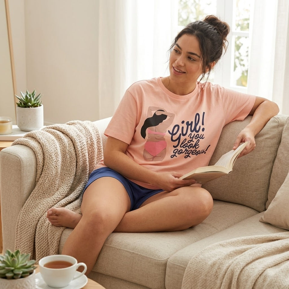 Sinsay Women’s Pink & Navy Printed Short Pajama Set