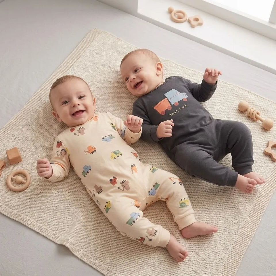 Sinsay Baby Boy's Beige & Grey Printed Pack Of 2 Long-Sleeves Overall