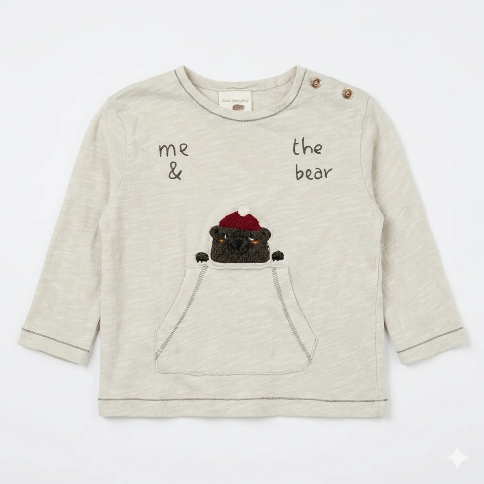 Zara Baby Boy's Light Grey "Me & The Bear" Long Sleeve Blouse With Kangaroo Pocket | Zara In Lebanon