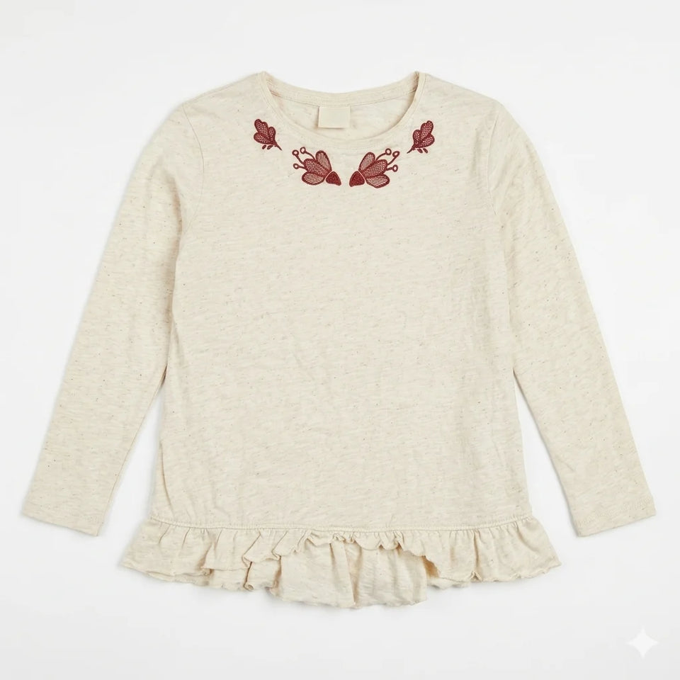 Zara Girl's Off White Butterfly Embroidery Long Sleeve Blouse With Ruffled Hem | Zara In Lebanon