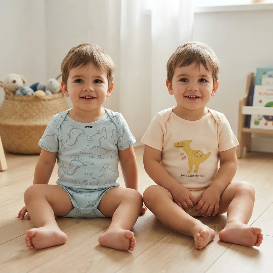 Sinsay Boy's Off White & Cream Dinosaur Graphic Pack Of 2 Bodysuits