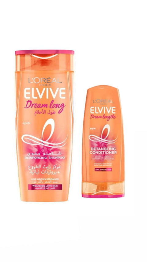 L'Oreal Elvive Dream Long shampoo and conditioner bottles on a white background