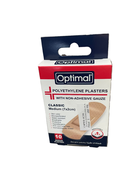 Box of Optimal polyethylene plasters on a textured surface