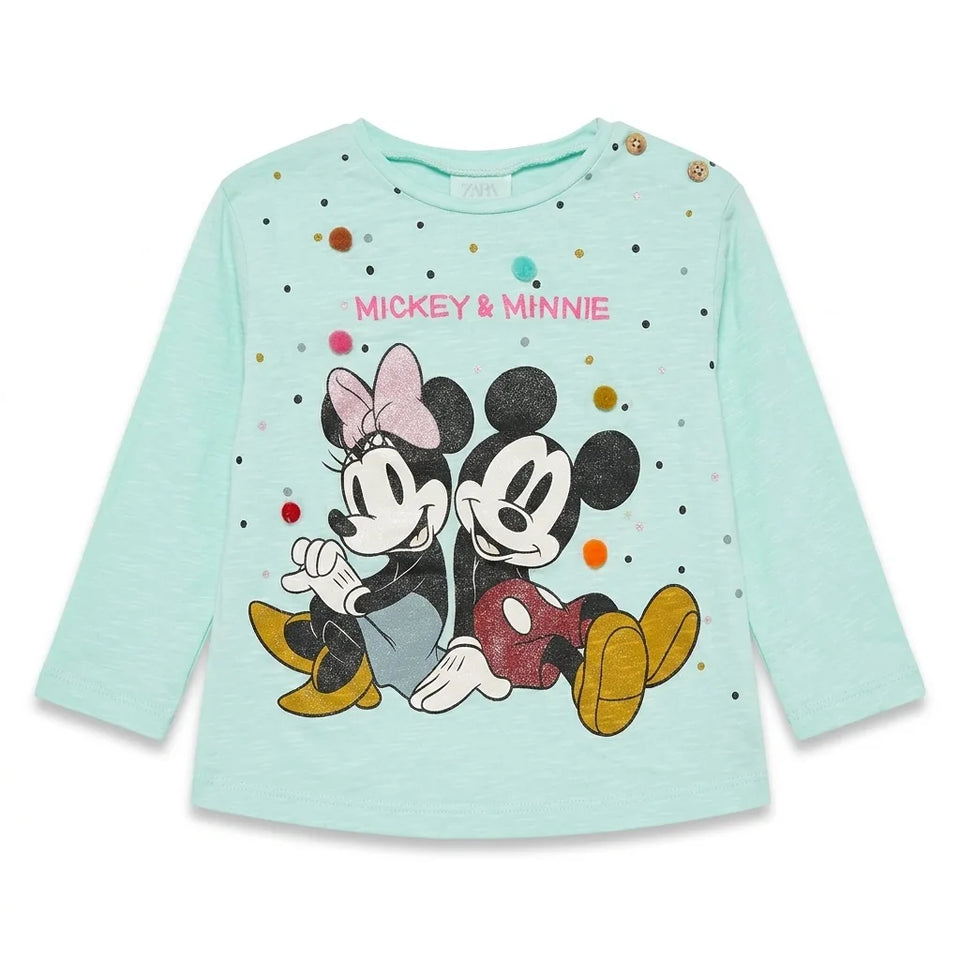 Zara Girl's Light Aqua Mickey & Minnie Mouse Graphic Print Long Sleeve Blouse | Zara In Lebanon