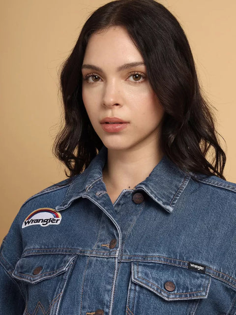 Wrangler Women's Blue Embroidered Crop Denim Jacket |Wrangler In Lebanon