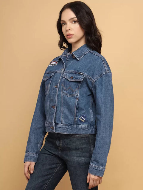 Wrangler Women's Blue Embroidered Crop Denim Jacket |Wrangler In Lebanon