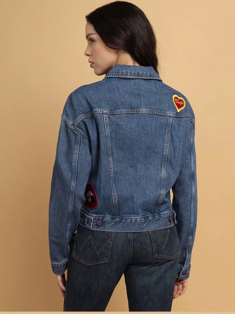 Wrangler Women's Blue Embroidered Crop Denim Jacket |Wrangler In Lebanon