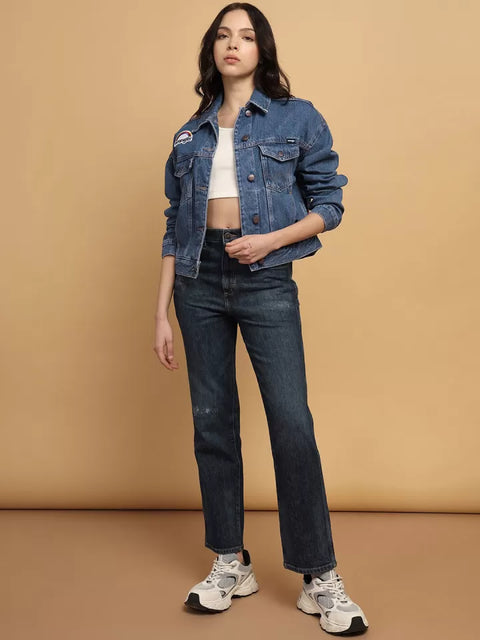 Wrangler Women's Blue Embroidered Crop Denim Jacket |Wrangler In Lebanon