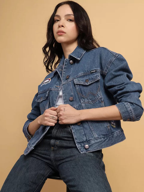 Wrangler Women's Blue Embroidered Crop Denim Jacket |Wrangler In Lebanon