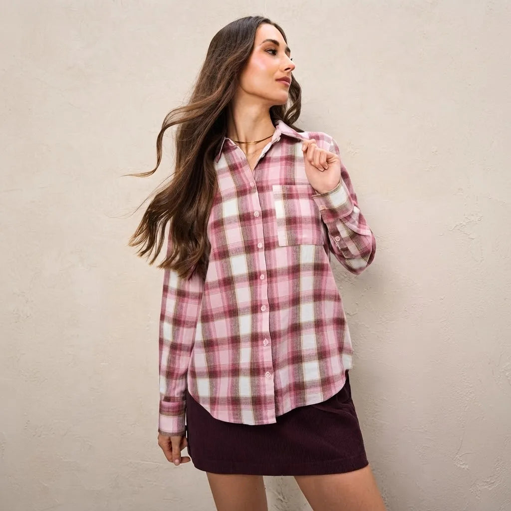 Sinsay Women's Pink Checkered Chest Pocket Long-Sleeves Shirt