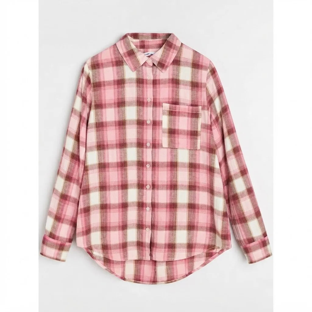 Sinsay Women's Pink Checkered Chest Pocket Long-Sleeves Shirt