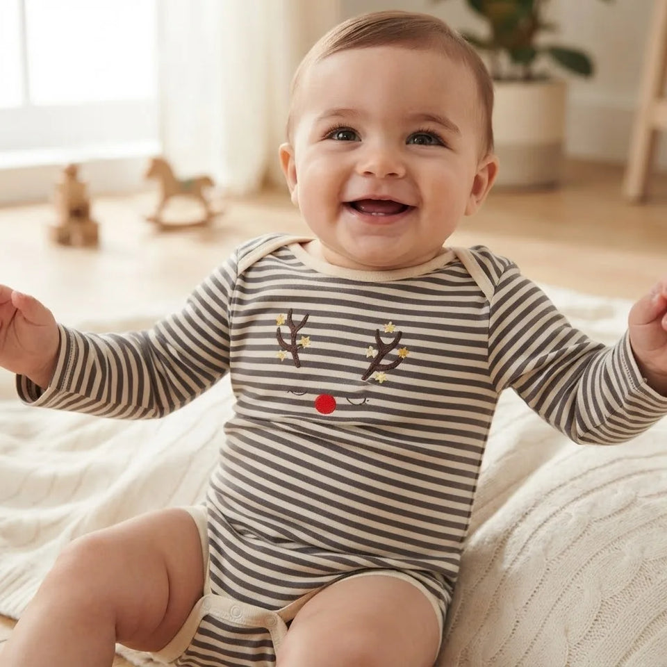 Sinsay Baby Boy's Cream & Grey Striped Reindeer Graphic Bodysuits