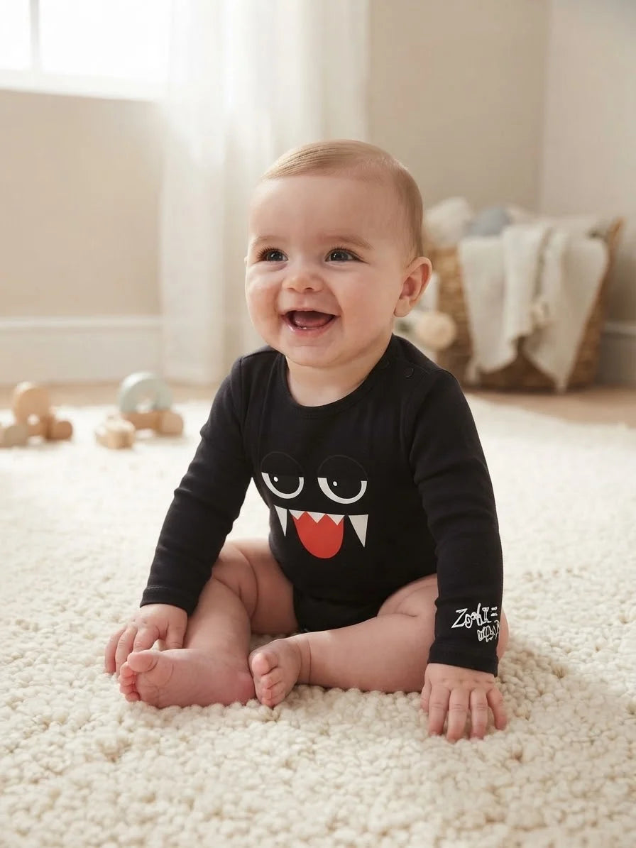 Sinsay Baby Boy's Charcoal Monster Face Printed Long-Sleeves Bodysuit