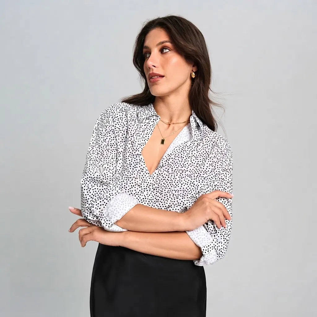 Sinsay Women's White & Black Micro-Dot Pattern Long Sleeve Shirt