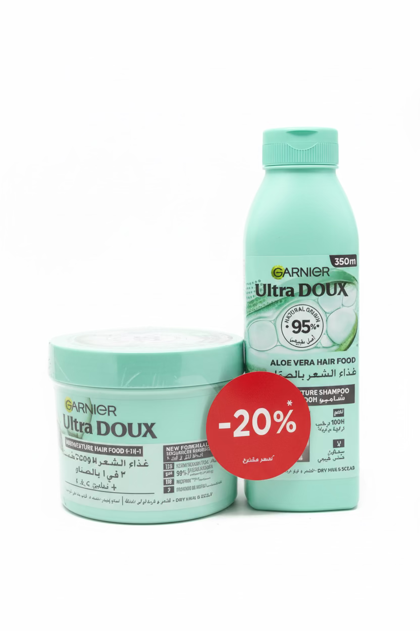 Carnier Ultra Doux hair care products with a discount label in a warehouse setting.