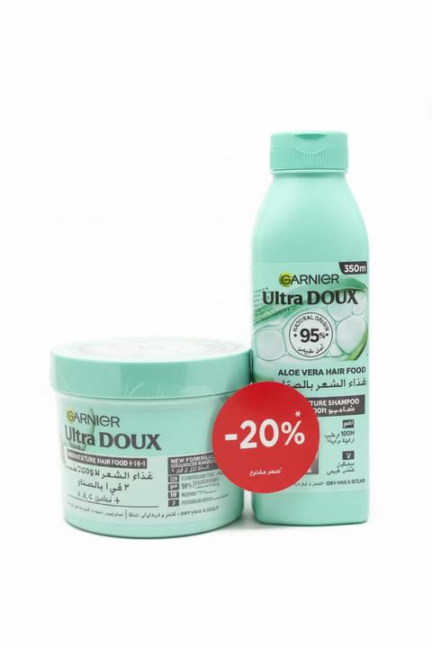 Carnier Ultra Doux hair care products with a discount label in a warehouse setting.