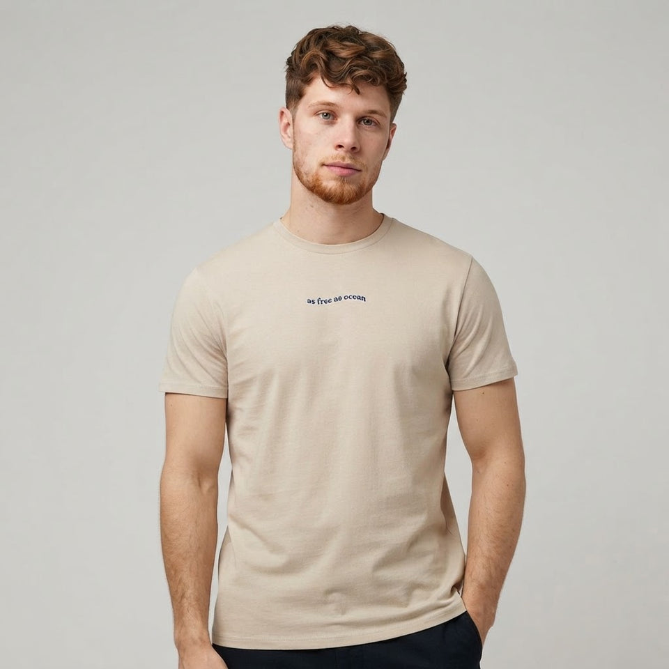 Sinsay Men's Light Beige Chest Text Graphic T-Shirt