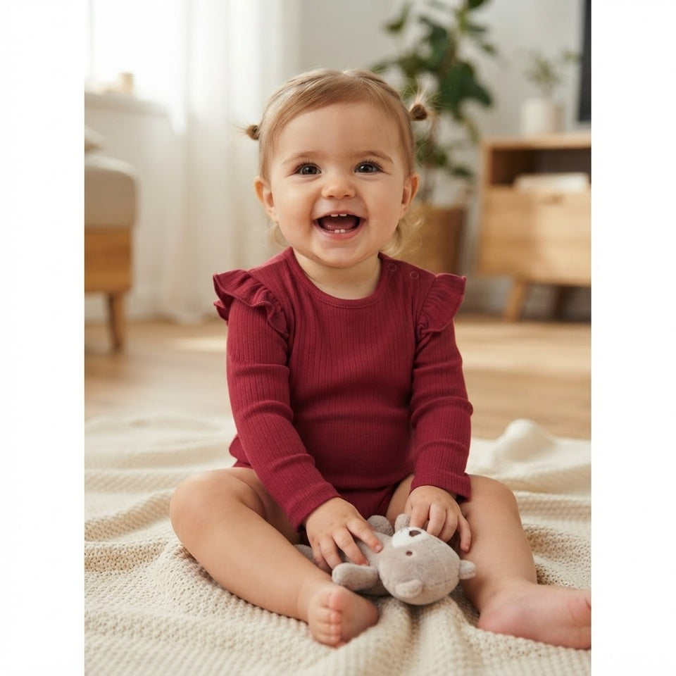 Sinsay Baby Girl's Burgundy Ribbed & Ruffled Shoulder Bodysuit