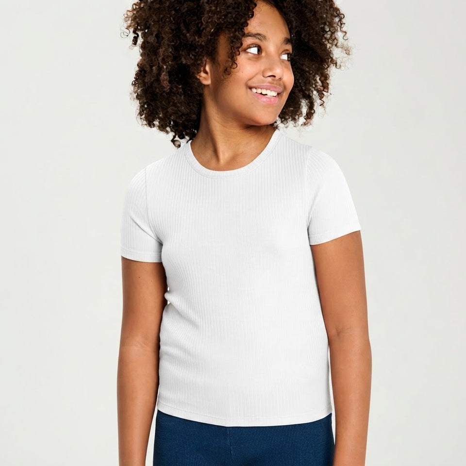 Sinsay Girl's White Ribbed Basic T-Shirt