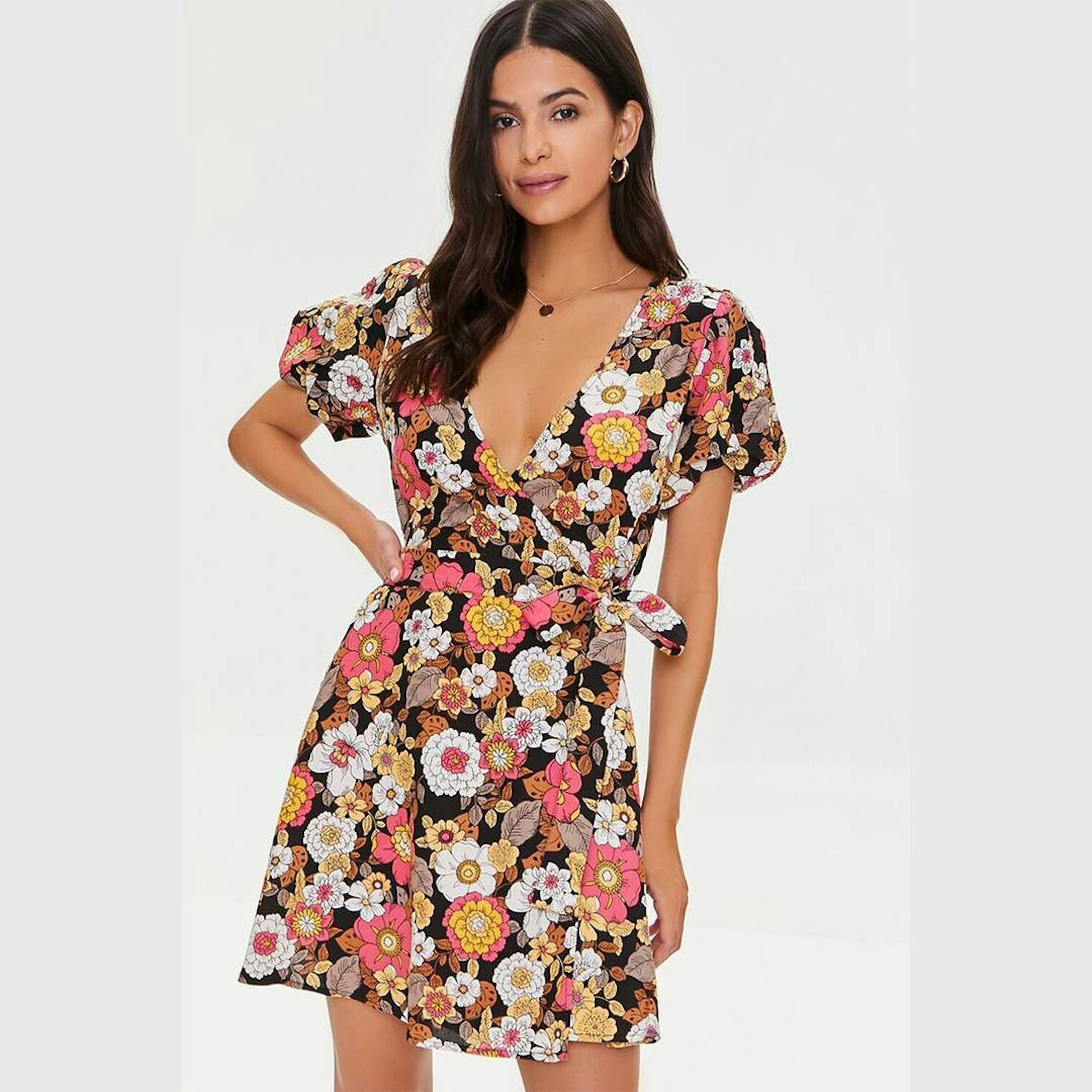 Forever 21 Women's Floral Short Sleeve V-Neck Mini Dress | Forever 21 In Lebanon