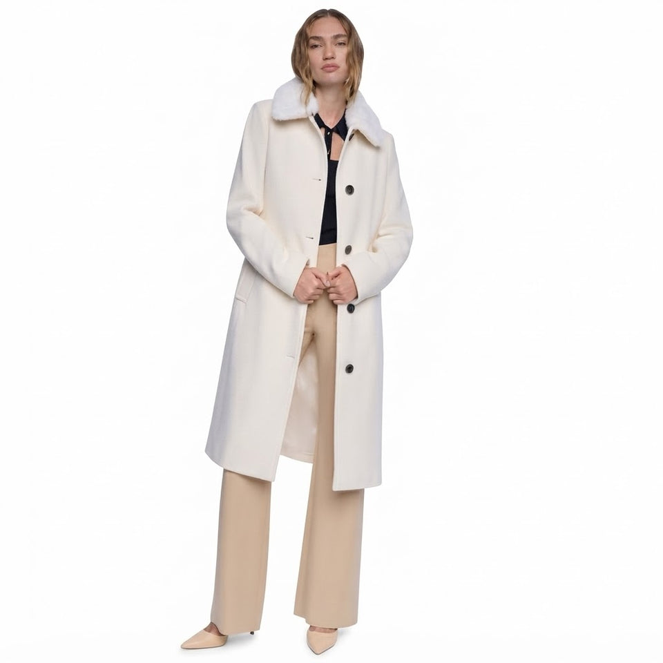 DKNY Women's Off White Faux-Fur Collar Belted Single-Bresated Coat