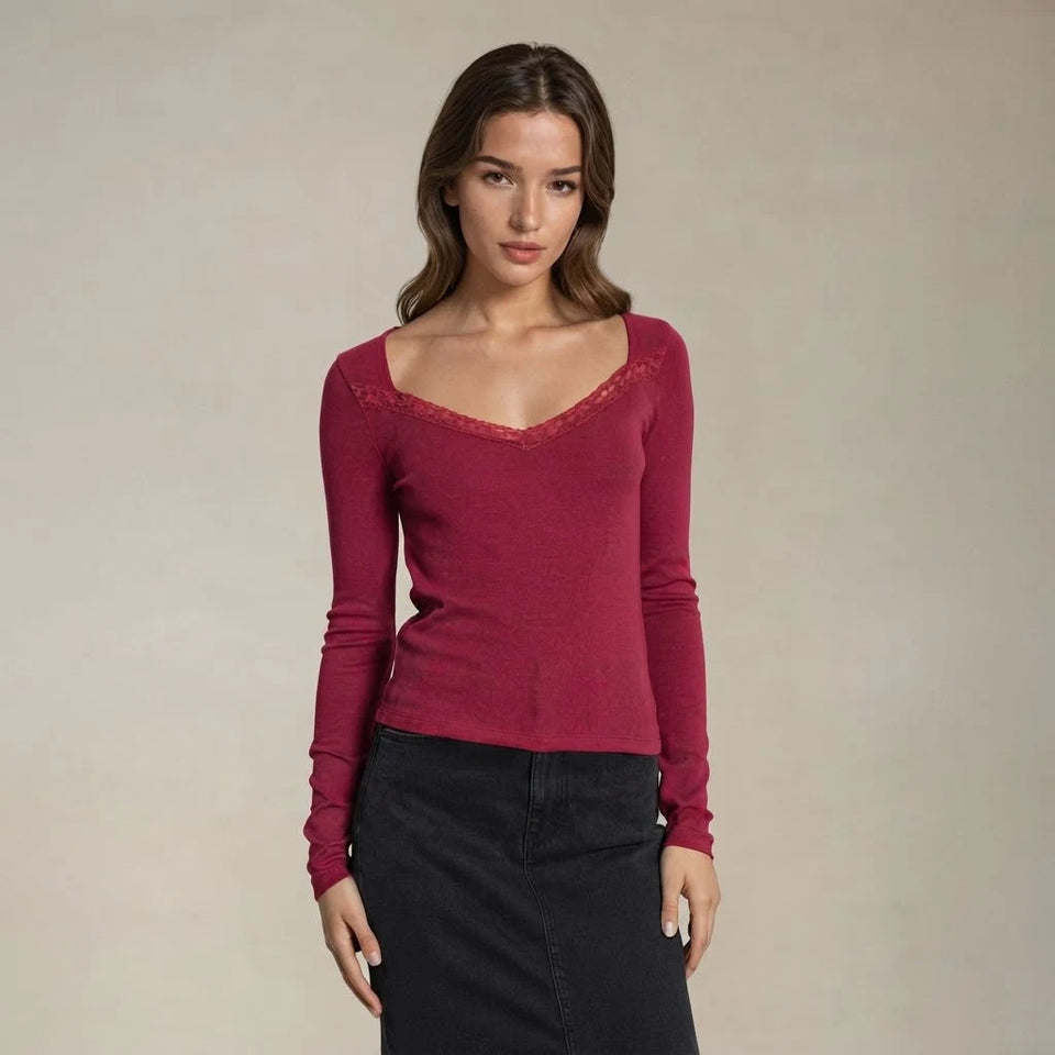 Sinsay Women's Burgundy Sweetheart Neckline Lace Trim Blouse