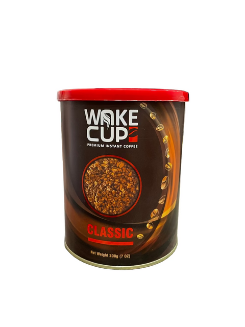 Canister of Wake Cup Premium Instant Coffee on a white background