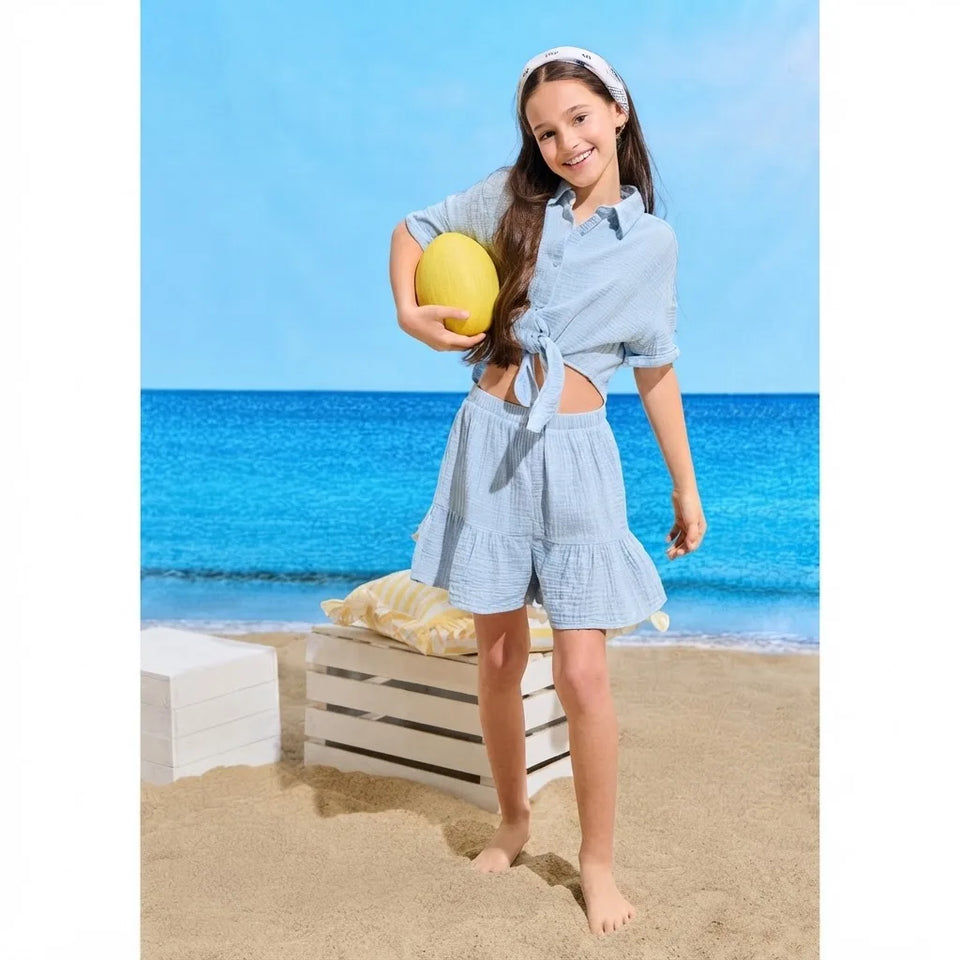 Sinsay Girl's Light Blue Shirt & Matching Ruffled Shorts Set
