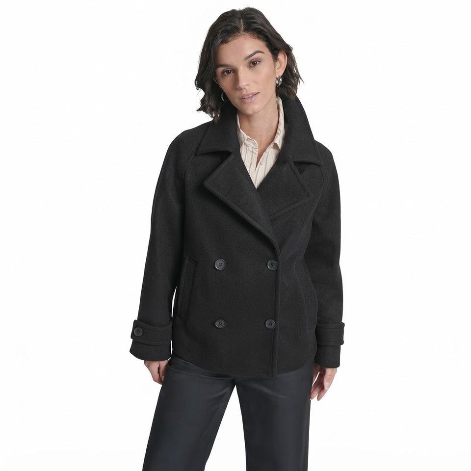 DKNY Women's Black Faux Wool Double-Breasted Pea Jacket