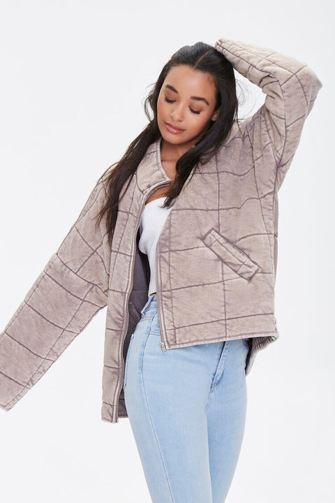 Forever 21 Women's Greige Zip Up Quilted Jacket | Forever 21 In Lebanon