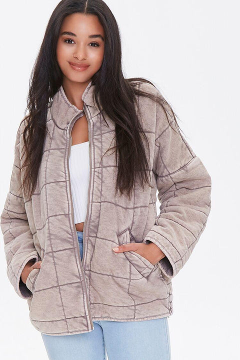 Forever 21 Women's Greige Zip Up Quilted Jacket | Forever 21 In Lebanon