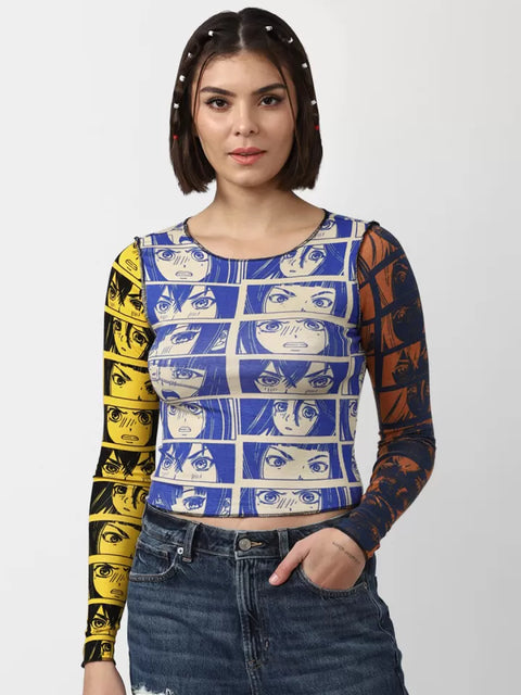 Forever 21 Women's Multi Color Enemy Graphic Long Sleeve Crop Top | Forever 21 In Lebanon