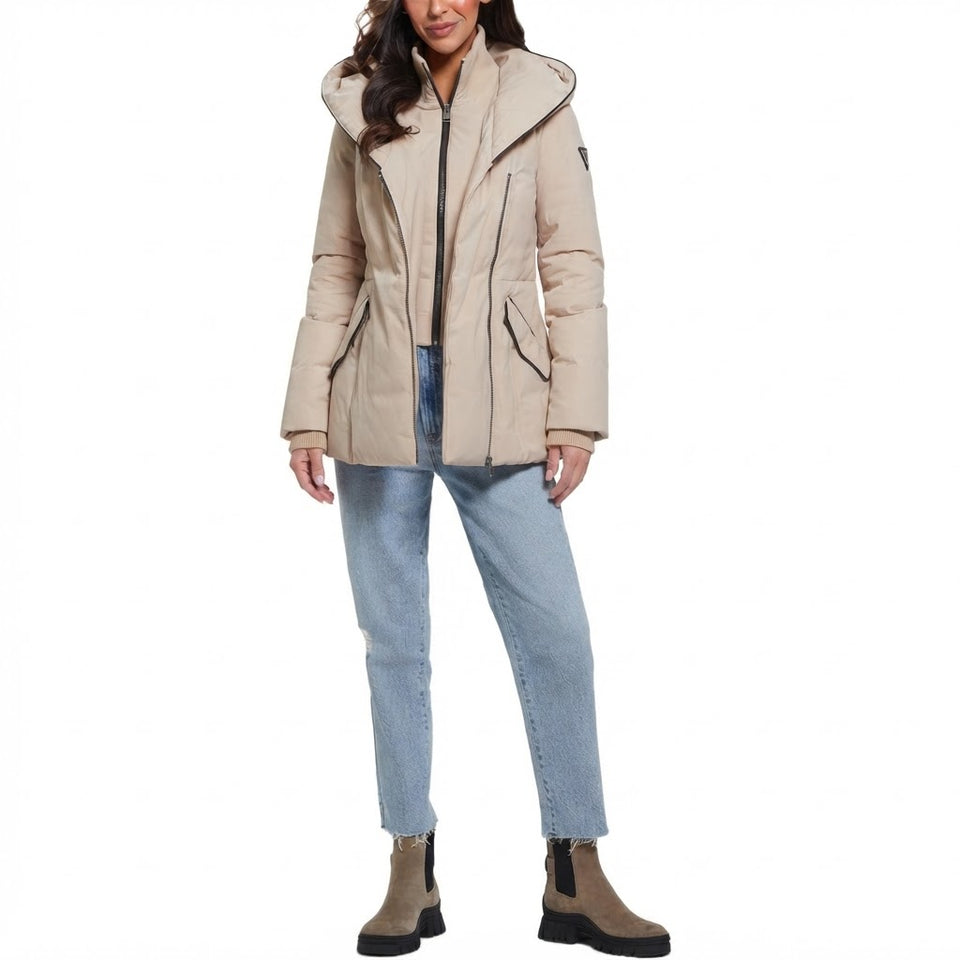 Guess Women's Beige Lucy Stretch Asymmetric Zip Puffer Jacket