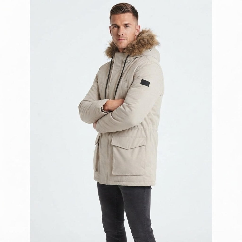 Sean John Men's Beige Faux-Fur Trim Hooded Parka Jacket