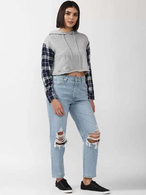 Forever 21 Women's Grey Checkered Cropped Hoodie | Forever 21 In Lebanon