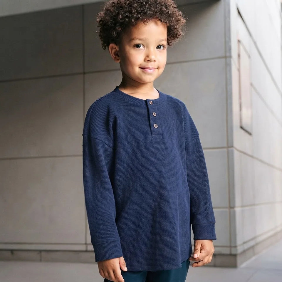 Sinsay Boy's Navy Waffle-Knit Henley Blouse