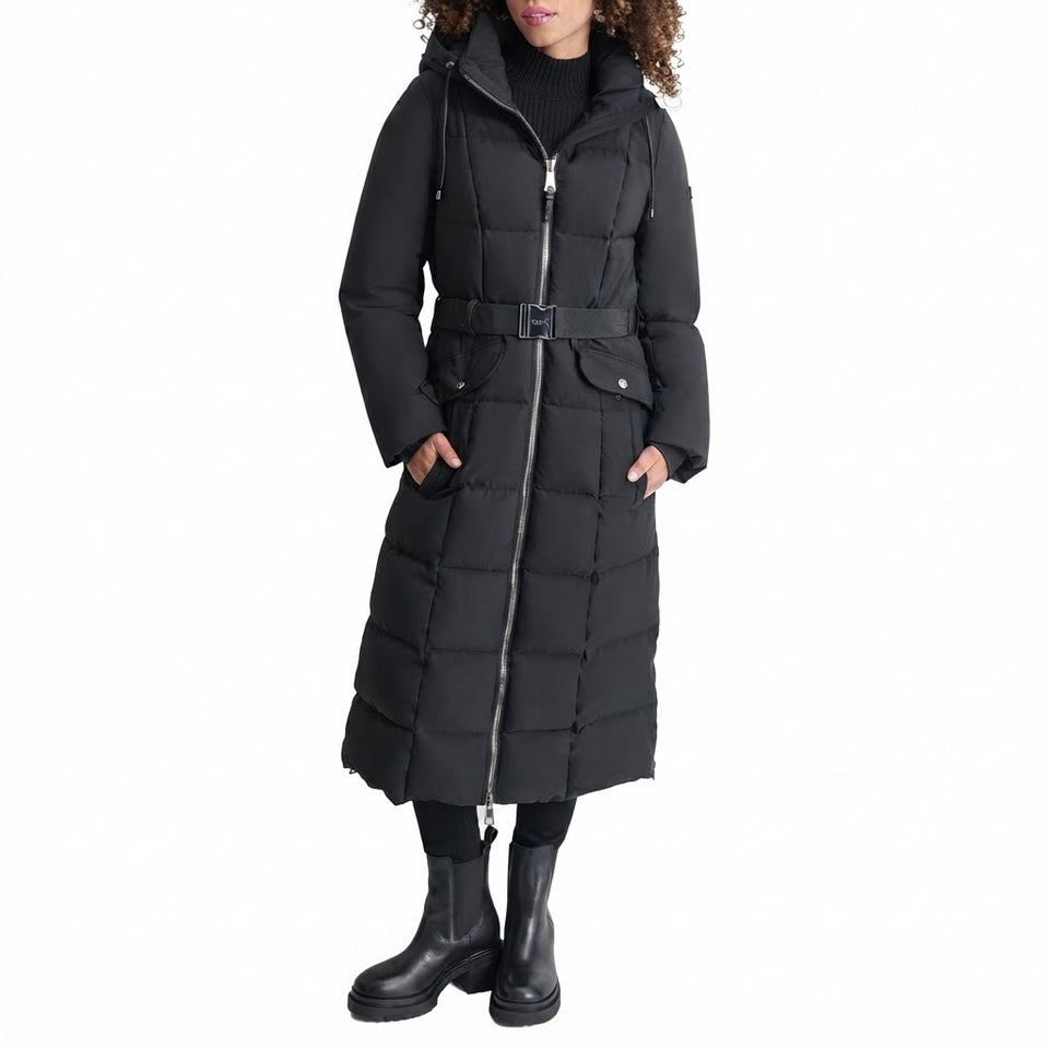 DKNY Women's Black Belted Hooded Maxi Puffer Coat