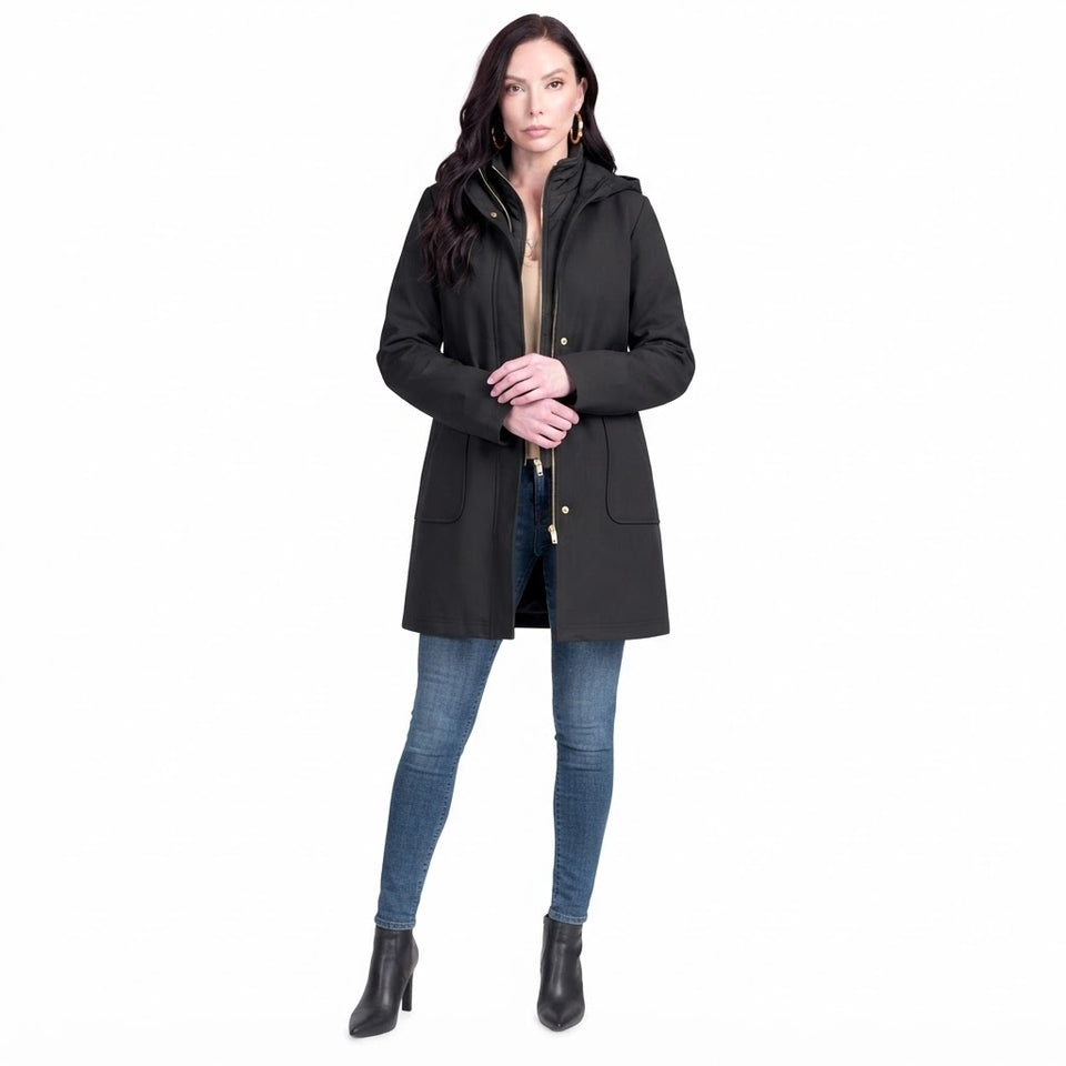 Guess Women's Black Solid Hooded Bibbed Softshell Coat